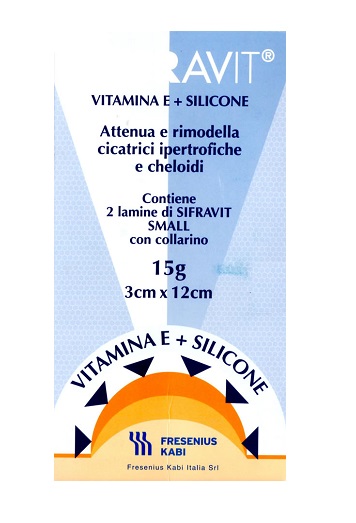 PLACCA IN SILICONE E VITAMINA E SIFRAVIT DIMENSIONI 3X12CM.INDICATA NEL TRATTAMENTO DI CHELOIDI E CICATRICI IPERTROFICHE CONSEGUENTI AD INTERVENTI CHIRURGICI USTIONI E FERITE