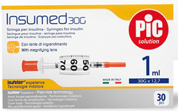 SIRINGA INSULINA PIC INSUMED 1 ML 100 UI AGO GAUGE 30 12,7 MM SENZA SPAZIO MORTO 30 PEZZI