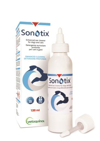 SONOTIX DETERGENTE AURICOLARE PROFONDO CANI E GATTI FLACONE120 ML + CANNULA CORTA RIGIDA + CANNULA LUNGA FLESSIBILE