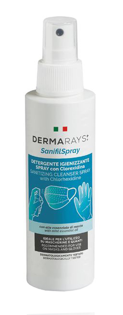 DERMARAYS SANIFIL SPRAY DETERGENTE IGIENIZZANTE SPRAY CON CLOREXIDINA PER MASCHERINE E GUANTI 100 ML