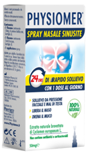 PHYSIOMER SPRAY NASALE SINUSITE 2 PEZZI 1 FLACONE DA 50 MG DI ESTRATTO DI CICLAMINO NATURALE LIOFILIZZATO + 1 FIALE DA 5ML DI SOLVENTE