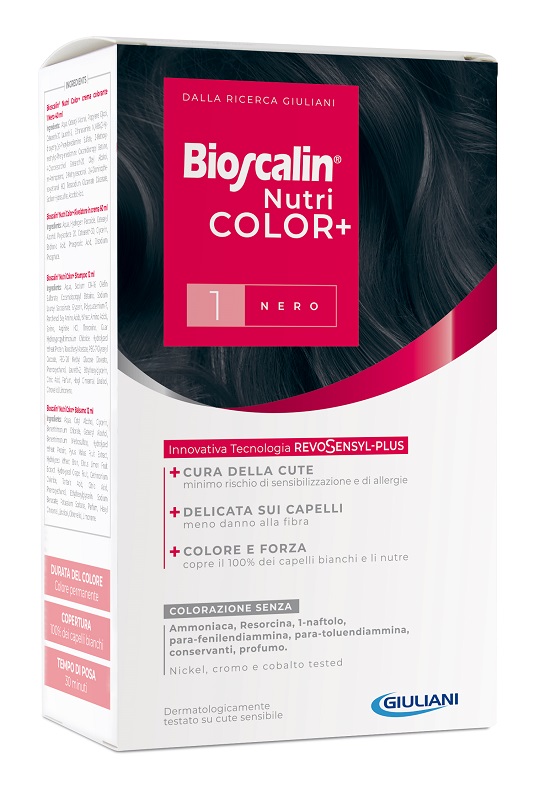 BIOSCALIN NUTRICOLOR PLUS 1 NERO CREMA COLORANTE 40 ML + RIVELATORE CREMA 60 ML + SHAMPOO 12 ML + TRATTAMENTO FINALE BALSAMO 12 ML