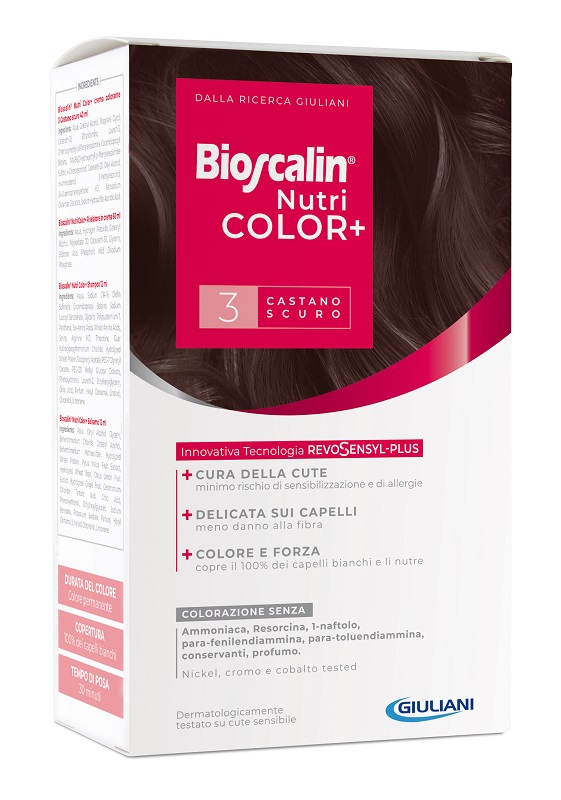 BIOSCALIN NUTRICOLOR PLUS 3 CASTANO SCURO CREMA COLORANTE 40ML + RIVELATORE CREMA 60 ML + SHAMPOO 12 ML + TRATTAMENTO FINALE BALSAMO 12 ML