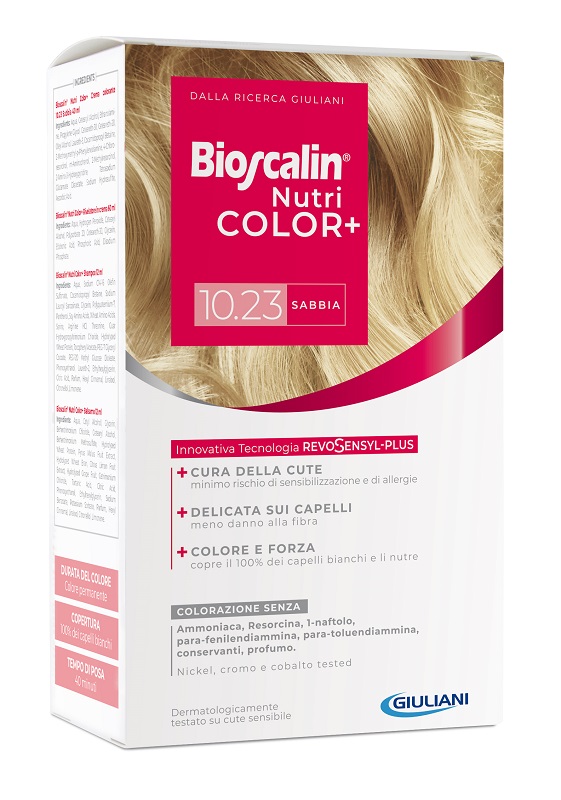 BIOSCALIN NUTRICOLOR PLUS 10,23 SABBIA CREMA COLORANTE 40 ML+ RIVELATORE CREMA 60 ML + SHAMPOO 12 ML + TRATTAMENTO FINALE BALSAMO 12 ML