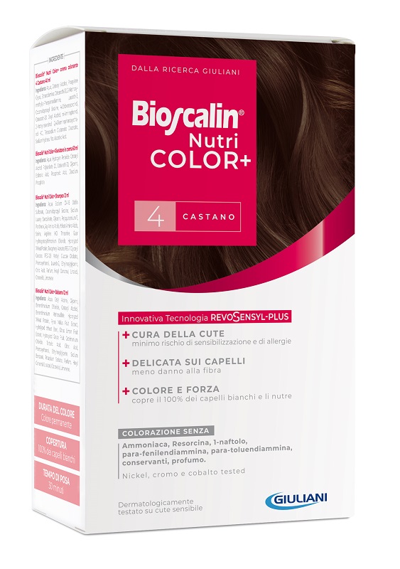 BIOSCALIN NUTRICOLOR PLUS 4 CASTANO CREMA COLORANTE 40 ML +RIVELATORE CREMA 60 ML + SHAMPOO 12 ML + TRATTAMENTO FINALEBALSAMO 12 ML