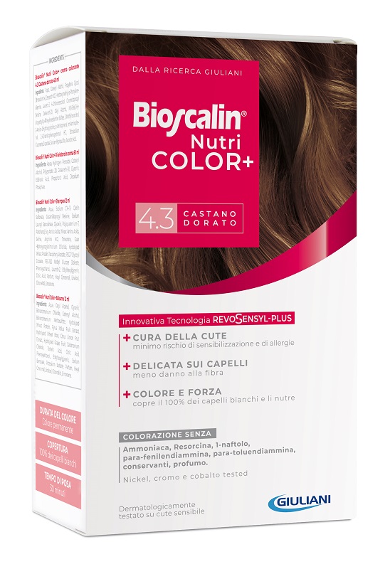 BIOSCALIN NUTRICOLOR PLUS 4,3 CASTANO DORATO CREMA COLORANTE40 ML + RIVELATORE CREMA 60 ML + SHAMPOO 12 ML + TRATTAMENTO FINALE BALSAMO 12 ML