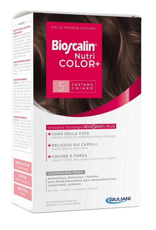 BIOSCALIN NUTRICOLOR PLUS 5 CASTANO CHIARO CREMA COLORANTE 40 ML + RIVELATORE CREMA 60 ML + SHAMPOO 12 ML + TRATTAMENTOFINALE BALSAMO 12 ML