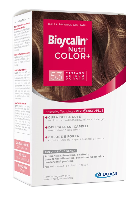 BIOSCALIN NUTRICOLOR PLUS 5,3 CASTANO CHIARO DORATO CREMA COLORANTE 40 ML + RIVELATORE CREMA 60 ML + SHAMPOO 12 ML + TRATTAMENTO FINALE BALSAMO 12 ML