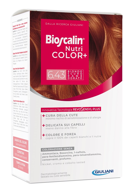 BIOSCALIN NUTRICOLOR PLUS 6,43 BIONDO SCURO RAME DORATO CREMA COLORANTE 40 ML + RIVELATORE CREMA 60 ML + SHAMPOO 12 ML +TRATTAMENTO FINALE BALSAMO 12 ML