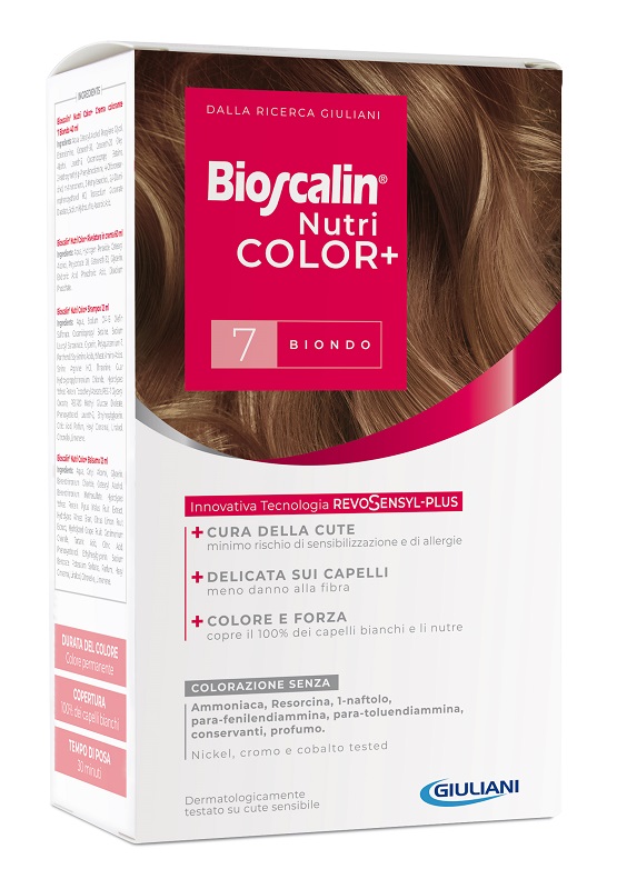 BIOSCALIN NUTRICOLOR PLUS 7 BIONDO CREMA COLORANTE 40 ML + RIVELATORE CREMA 60 ML + SHAMPOO 12 ML + TRATTAMENTO FINALE BALSAMO 12 ML