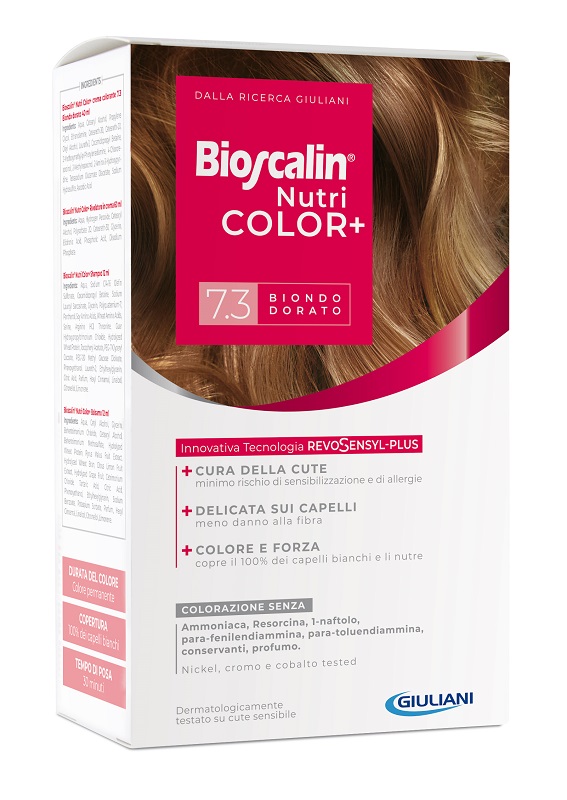 BIOSCALIN NUTRICOLOR PLUS 7,3 BIONDO DORATO CREMA COLORANTE40 ML + RIVELATORE CREMA 60 ML + SHAMPOO 12 ML + TRATTAMENTOFINALE BALSAMO 12 ML