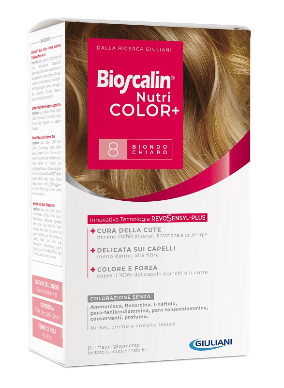 BIOSCALIN NUTRICOLOR PLUS 8 BIONDO CHIARO CREMA COLORANTE 40ML + RIVELATORE CREMA 60 ML + SHAMPOO 12 ML + TRATTAMENTO FINALE BALSAMO 12 ML