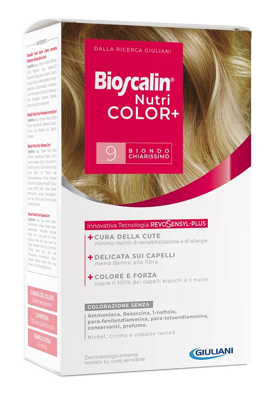 BIOSCALIN NUTRICOLOR PLUS 9 BIONDO CHIARISSIMO CREMA COLORANTE 40 ML + RIVELATORE CREMA 60 ML + SHAMPOO 12 ML + TRATTAMENTO FINALE BALSAMO 12 ML