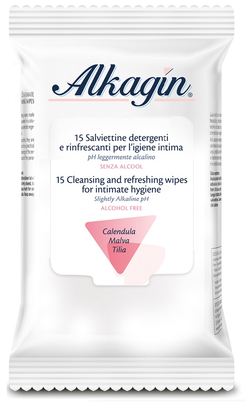 ALKAGIN SALVIETTINE DETERGENTI E RINFRESCANTI PER L’IGIENE INTIMA PH LEGGERMENTE ALCALINO SENZA ALCOOL 15 PEZZI CALENDULA MALVA E TILIA