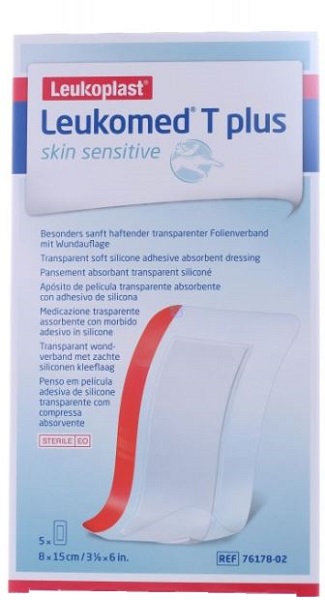 LEUKOMED T PLUS SKIN SENSITIVE MEDICAZIONE POST-OPERATORIA TRASPARENTE IMPERMEABILE CON MASSA ADESIVA AL SILICONE 8X15CM5 PEZZI