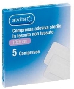 ALVITA GARZA COMPRESSA ADESIVA STERILE IN TESSUTO NON TESSUTO ESTENSIBILE BIANCO 10X6CM 5 PEZZI